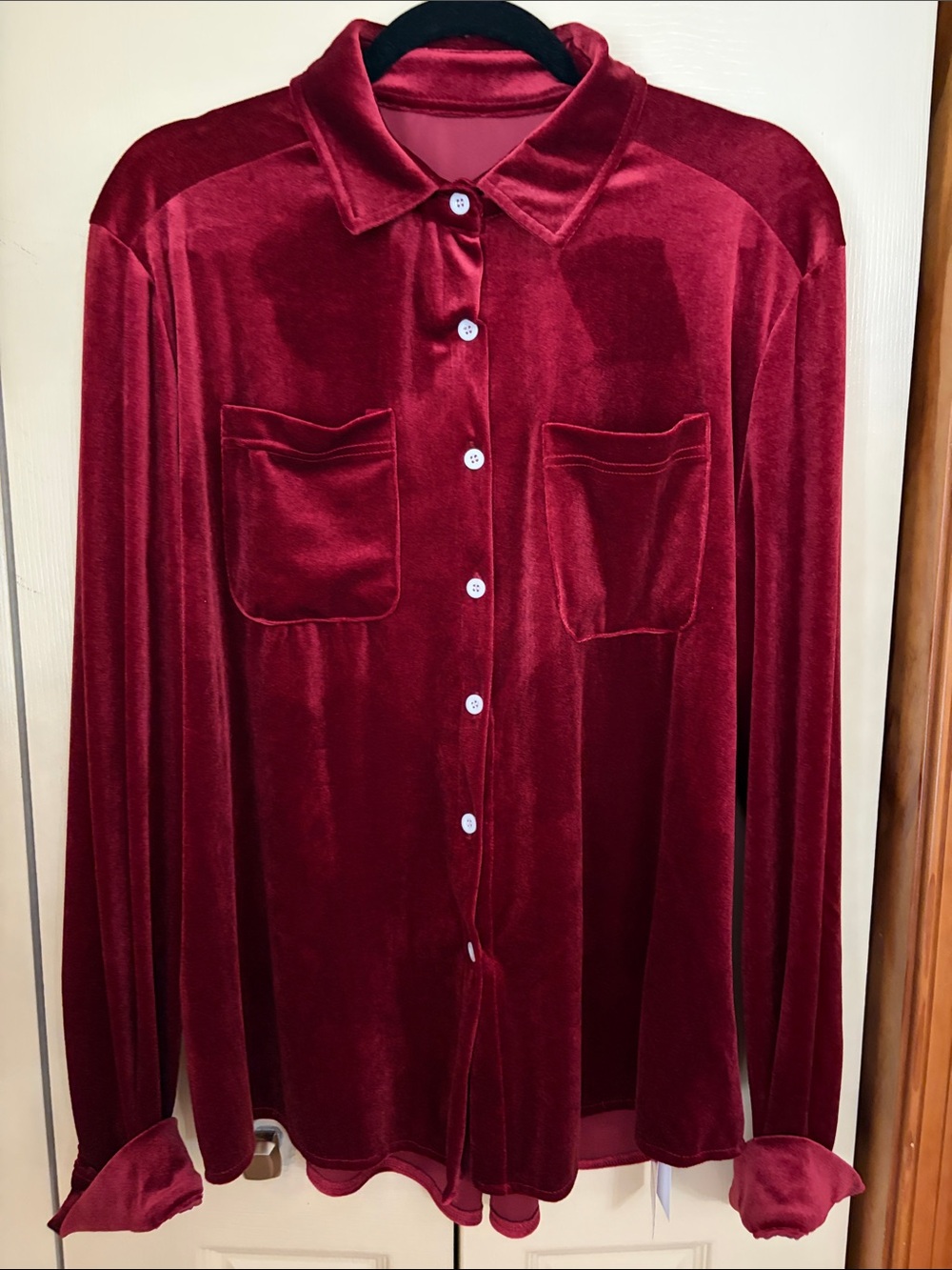 Women’s Velvet Button-Up Shirt in Deep Red